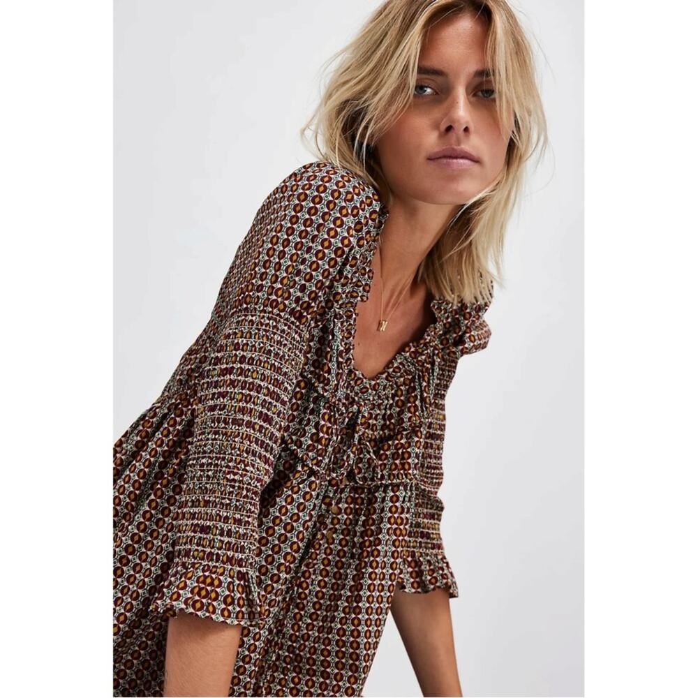 Free People Retro 70s Babydoll Star Dip Mini Dress in Black Combo Size Large - Picture 4 of 16